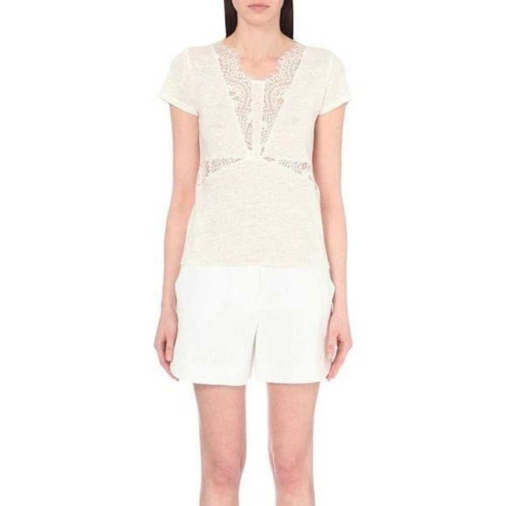 Maje Cream Short Sleeve Lace Tee